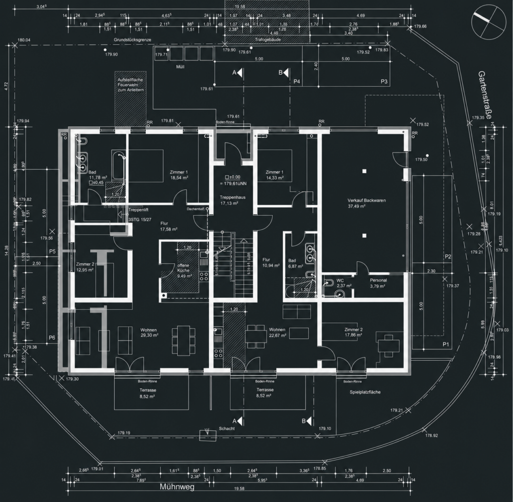 Umplanung eines Supermarkts zu einem Fünffamilienhaus – Grundriss / Lageplan