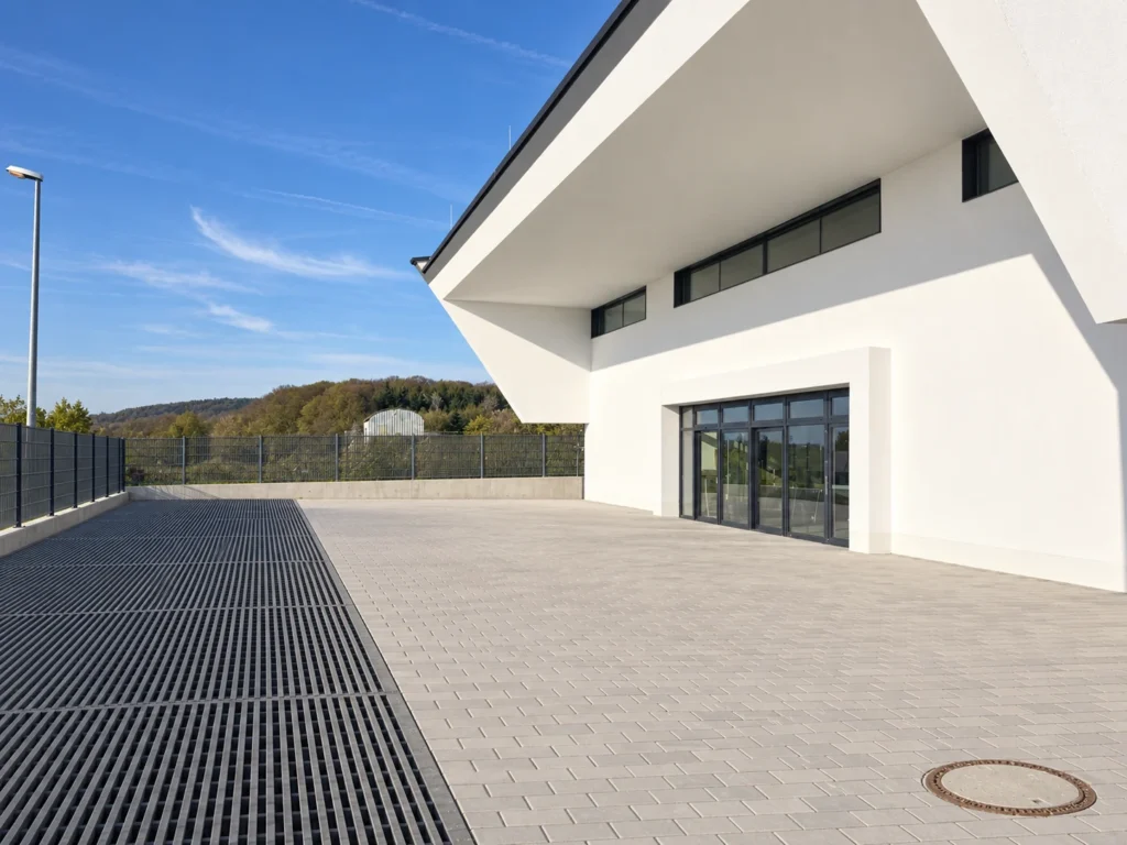 Eingangsbereich der Eventhalle in Kelkheim mit auskragendem Dach, weißer Putzfassade und gepflastertem Vorplatz