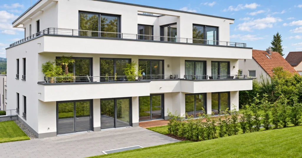 Gartenansicht des Mehrfamilienhauses mit fünf Wohneinheiten in Kelkheim mit Balkonen, Terrassen und weißer Putzfassade