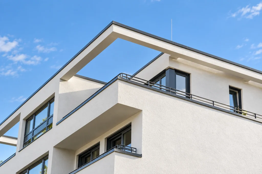 Detail der Dachterrasse des Mehrfamilienhauses in Kelkheim mit offenem Dachrahmen und Metallgeländern